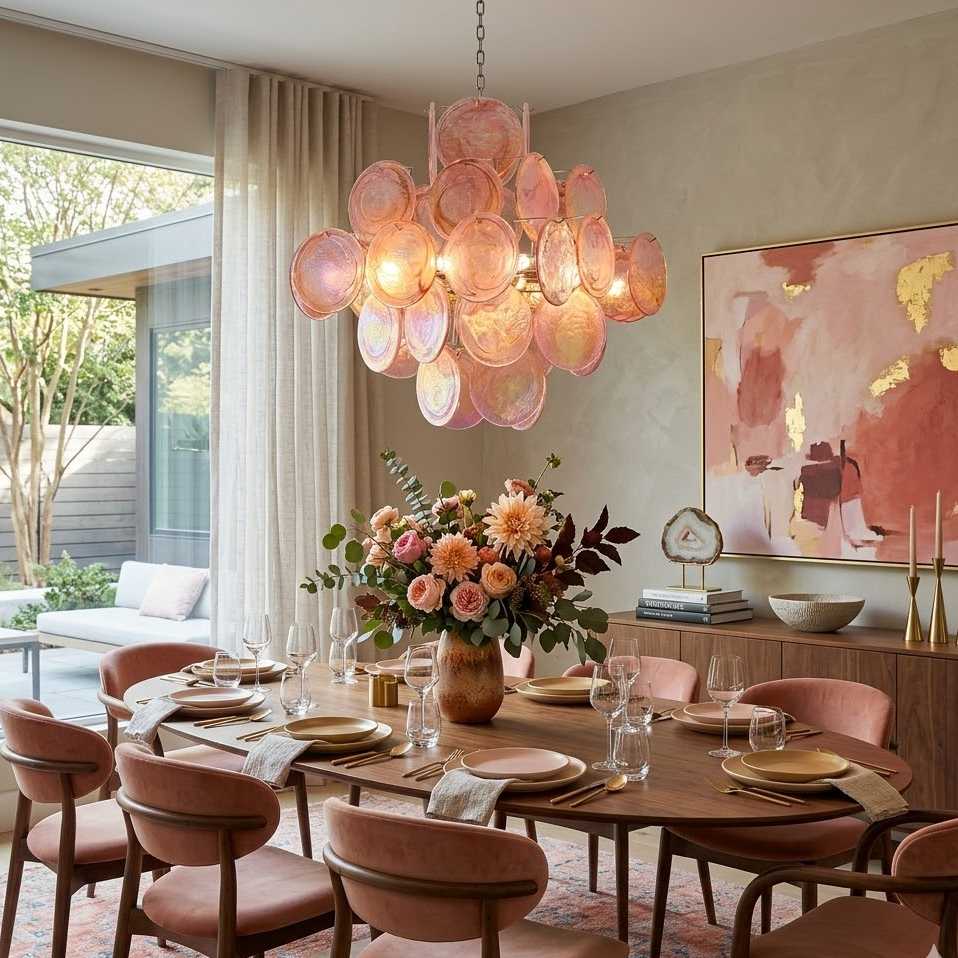 Aura Disc Chandelier in pink for Dining Room by AUVIELIGHT