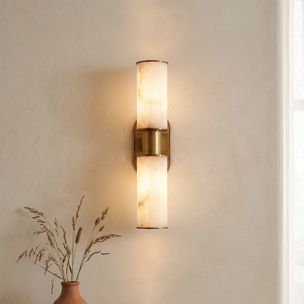 Dualis Cylindrical Wall Sconce in alabaster for Hallway by AUVIELIGHT, Dia 12cm x H 56cm / ∅ 4.7″ x H 22″ / Gold & White / Warm White