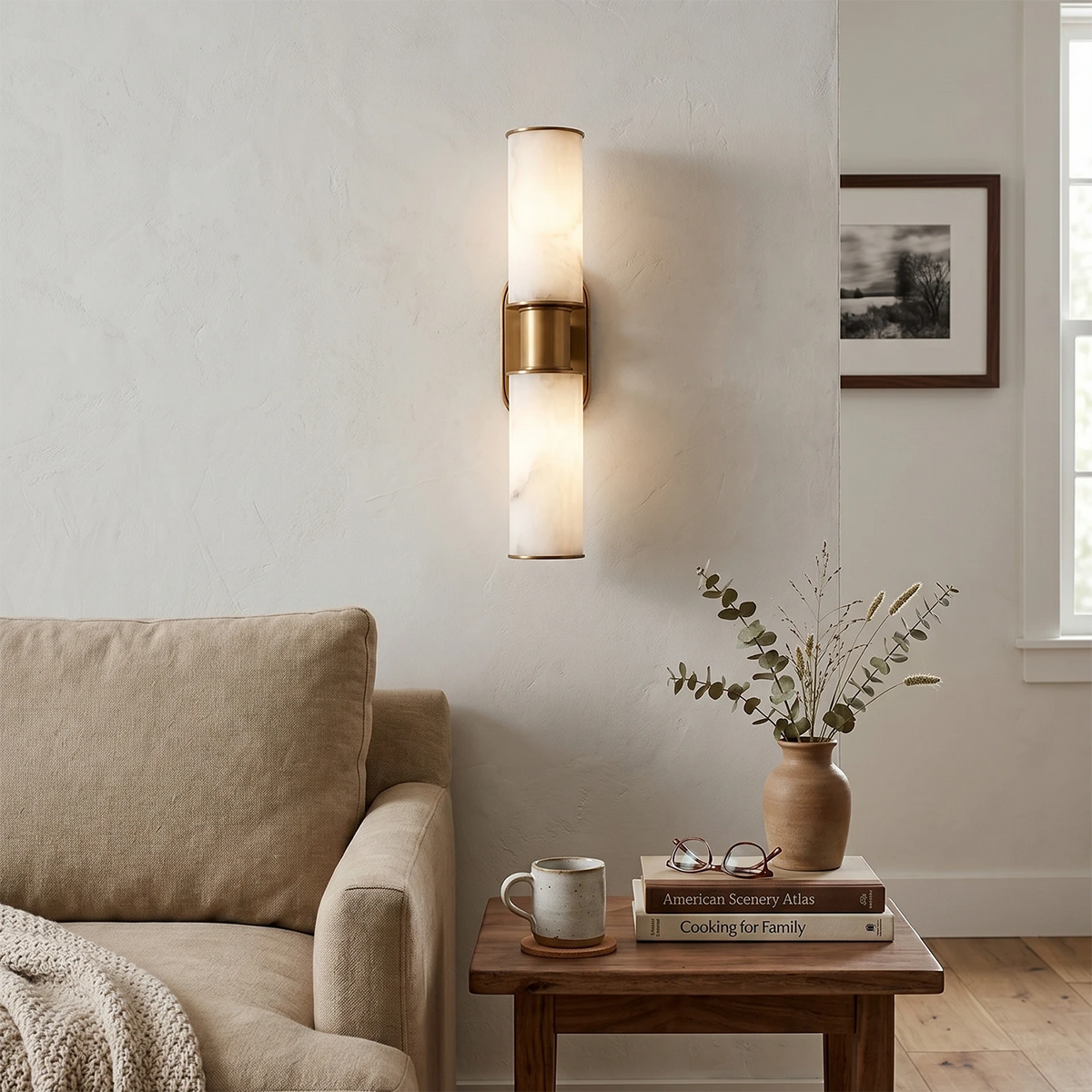Dualis Cylindrical Wall Sconce in alabaster for Hallway by AUVIELIGHT