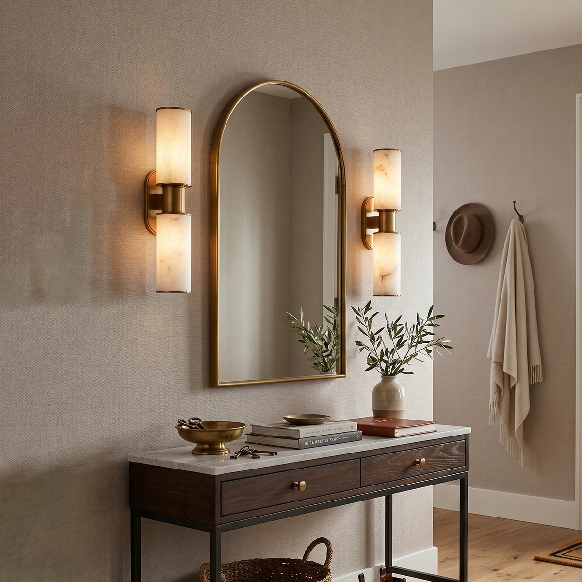 Dualis Cylindrical Wall Sconce in alabaster for Hallway by AUVIELIGHT