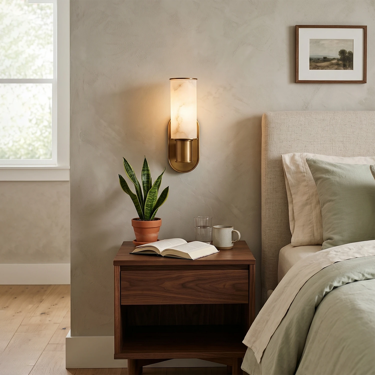 Dualis Cylindrical Wall Sconce in alabaster for Hallway by AUVIELIGHT