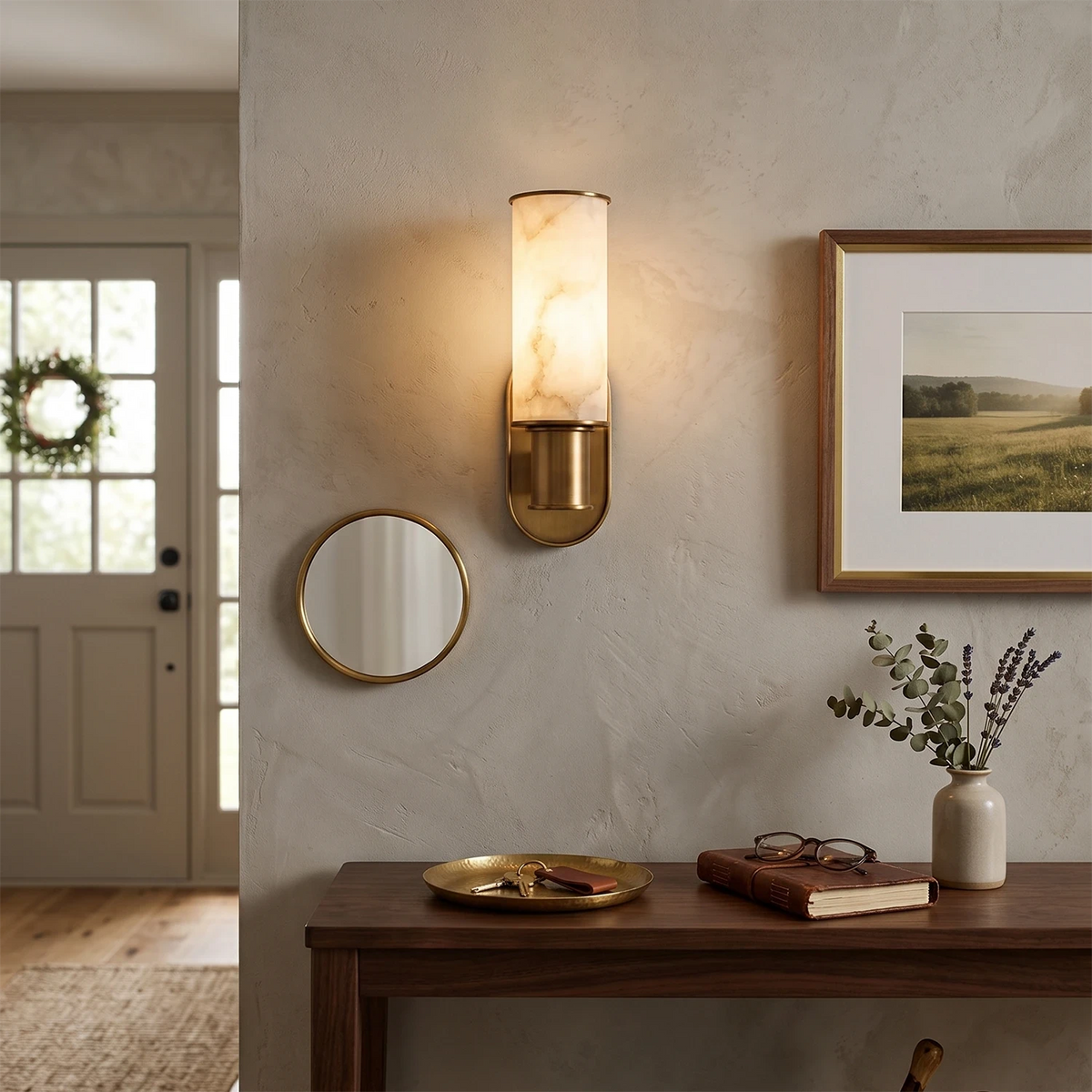 Dualis Cylindrical Wall Sconce in alabaster for Hallway by AUVIELIGHT