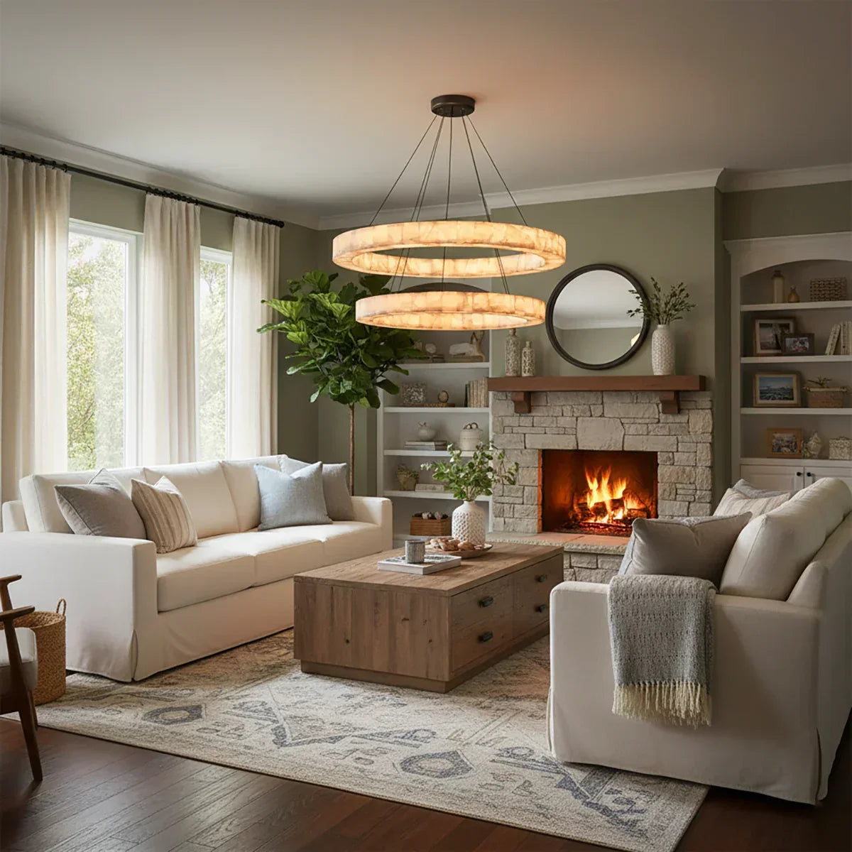 Rivage Round Chandelier in alabaster for Dining Room by AUVIELIGHT
