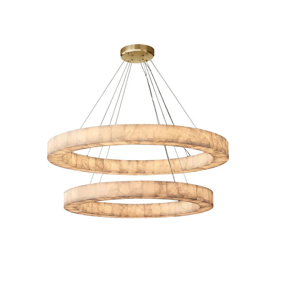 Rivage Round Chandelier in alabaster for Dining Room by AUVIELIGHT, Dia 80+50cm x H 14cm / ∅ 31.5+19.6″ x H 5.5″ / Gold & White / Warm Light