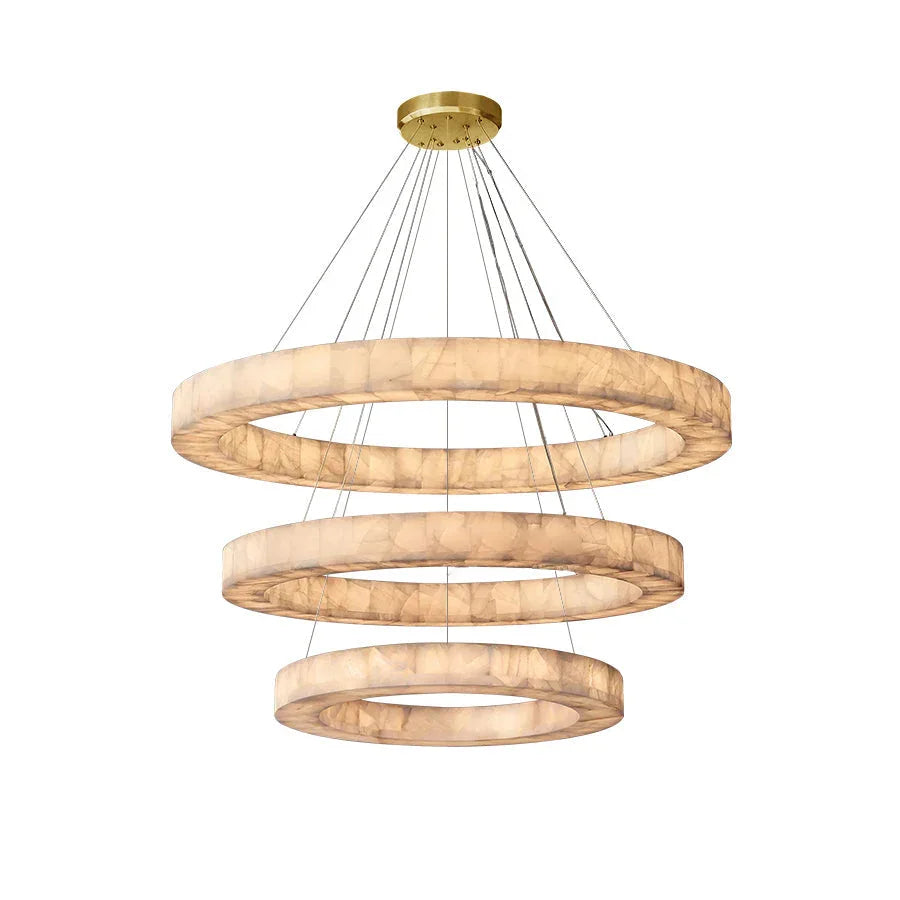 Rivage Round Chandelier in alabaster for Dining Room by AUVIELIGHT, Dia 120+80+40cm x H 21cm / ∅ 47.2+31.6+15.7″ x H 8.3″ / Gold & White / Warm