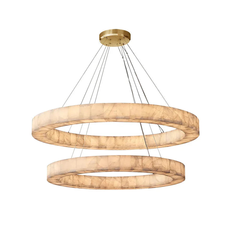 Rivage Round Chandelier in alabaster for Dining Room by AUVIELIGHT, Dia 100+60cm x H 14cm / ∅ 39.4+23.6″ x H 5.5″ / Gold & White / Warm Light