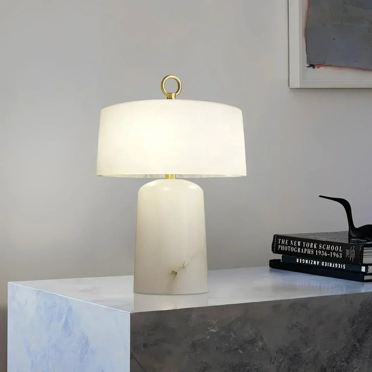 Drum Table Lamp in alabaster for Living Room by AUVIELIGHT