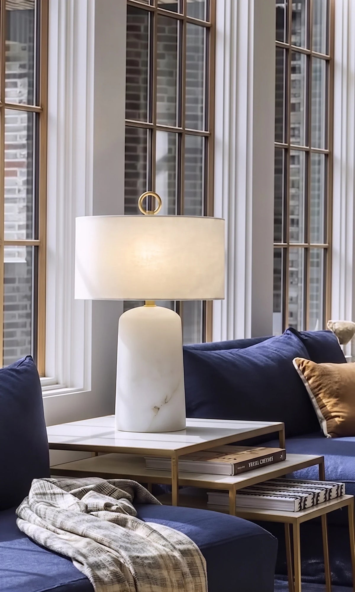 Drum Table Lamp in alabaster for Living Room by AUVIELIGHT