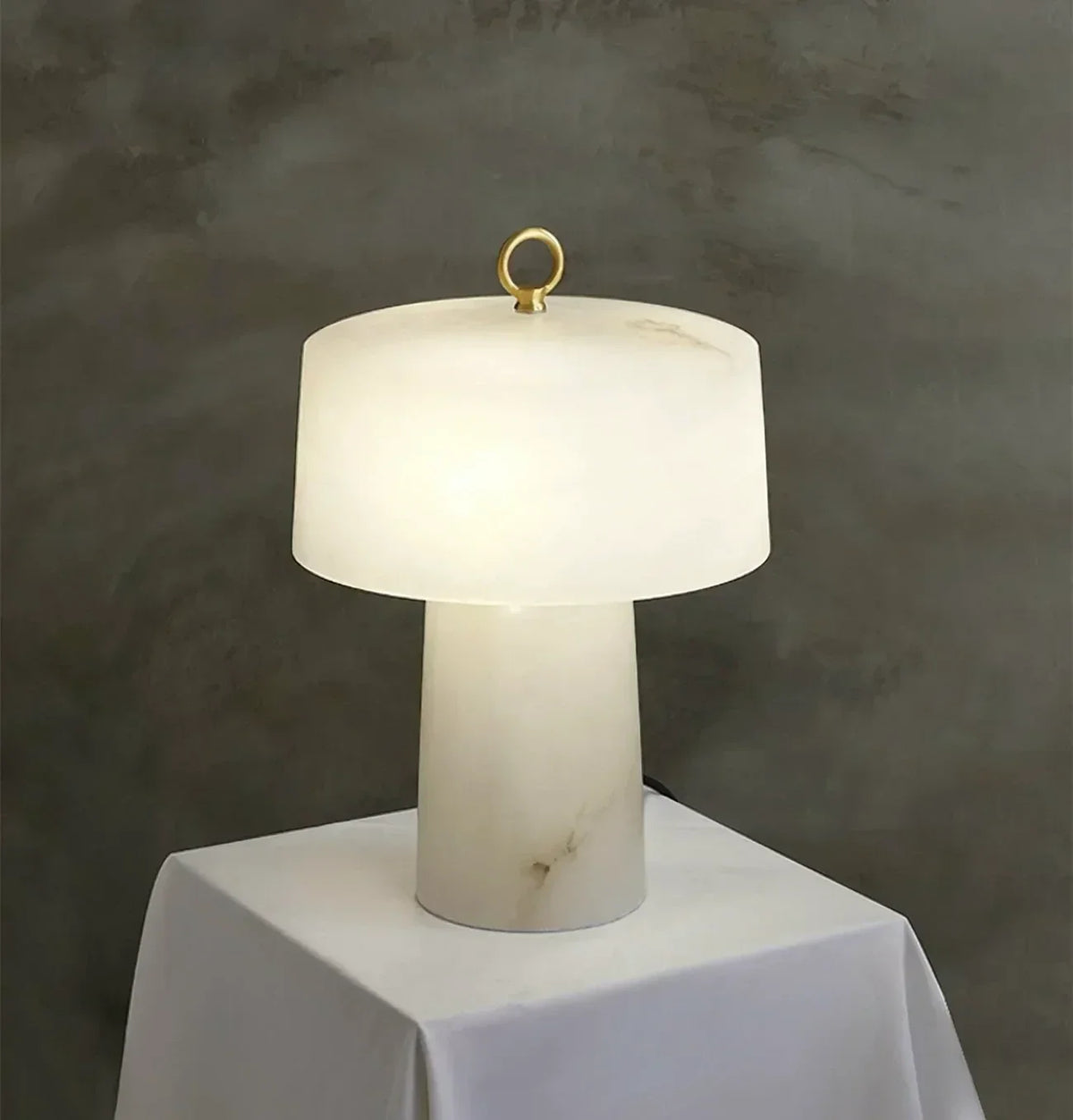 Drum Table Lamp in alabaster for Living Room by AUVIELIGHT, Dia 30cm x H 42cm / ∅ 11.8″ x H 16.5″ / Brass & White / AU plug and 3 other sizes