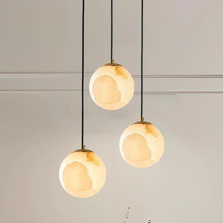 Globe Pendant Light in alabaster for Kitchen Island by AUVIELIGHT, 3 heads Round canopy ∅ 7.9″ x H 59″. (Single head 3.9″) / White / Hanging wire