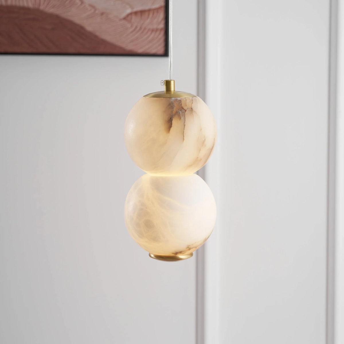 Orb Pendant Light in alabaster for Kitchen Island by AUVIELIGHT, 2 heads D 12cm x H 20cm / ∅ 4.7″ x H 7.9″ / White / Warm Light