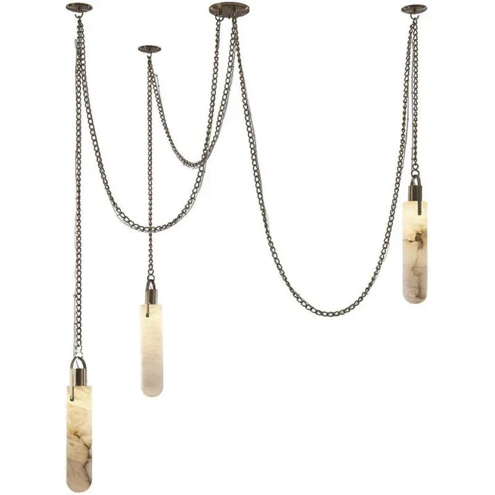 Chain Chandelier in alabaster for Dining Room by AUVIELIGHT, 3 heads D 9cm x H 39cm / ∅ 3.9″ x H 15.4″ / Antique Brass & White / Warm Light