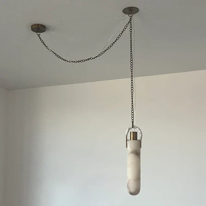 Chain Chandelier in alabaster for Dining Room by AUVIELIGHT, 1 head D 9cm x H 39cm / ∅ 3.9″ x H 15.4″ / Antique Brass & White / Warm Light