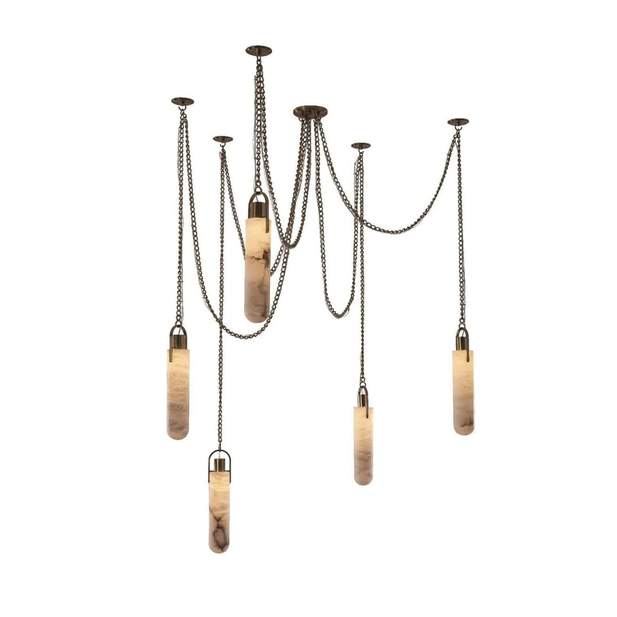 Chain Chandelier in alabaster for Dining Room by AUVIELIGHT, 5 heads D 9cm x H 39cm / ∅ 3.9″ x H 15.4″ / Antique Brass & White / Warm Light