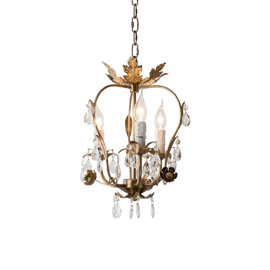 Leaf Chandelier in antique crystal for Dining Room by AUVIELIGHT, 3 heads D 31cm x H 41cm / ∅ 12.2″ x H 16.1″ / Gold