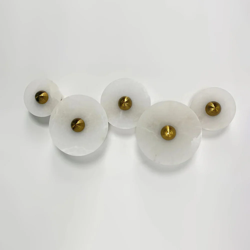 Solaris Disc Wall Light in alabaster for Hallway by AUVIELIGHT, 5 lamps Dia 9.8 + 9.8 + 9.8 + 13.8+ 13.8" / Bronze & White / Warm Light