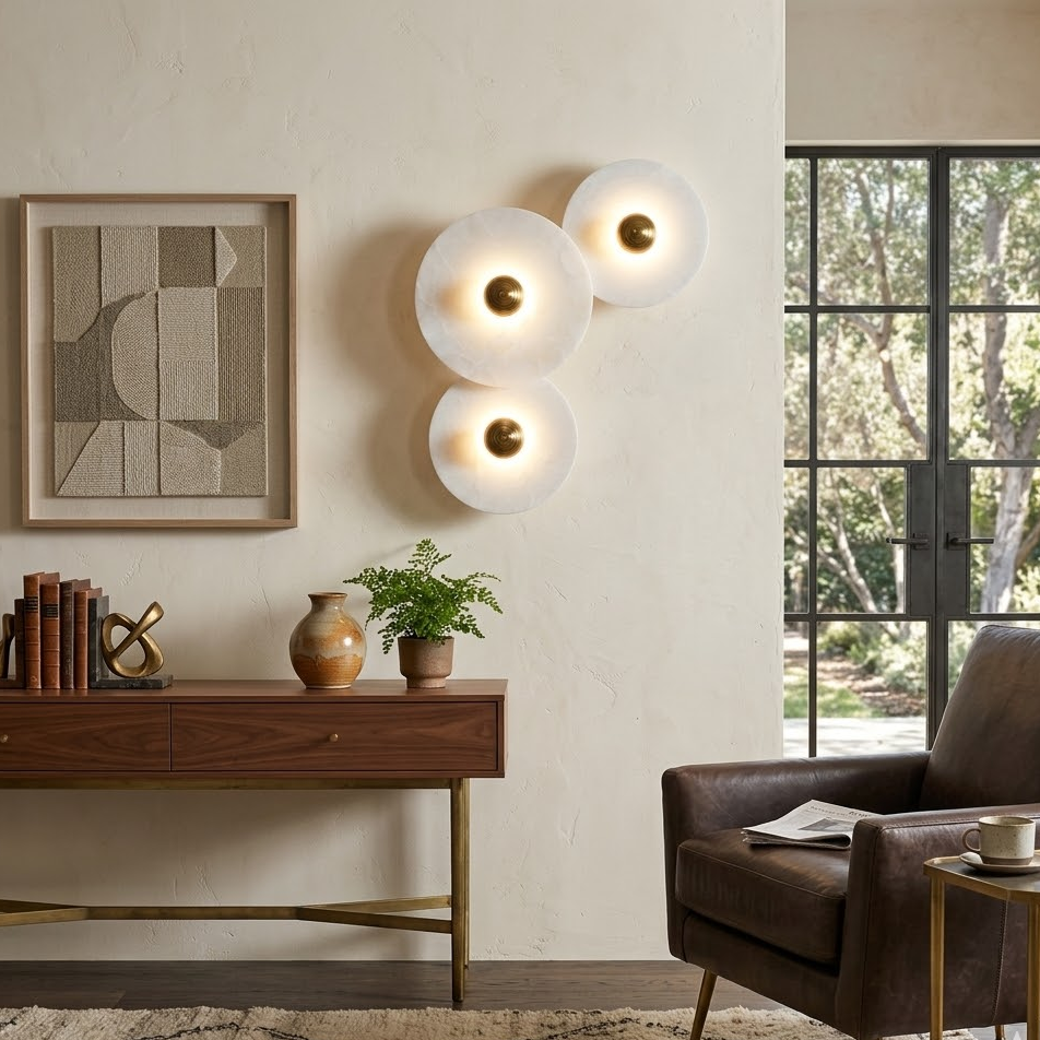 Solaris Disc Wall Light in alabaster for Hallway by AUVIELIGHT