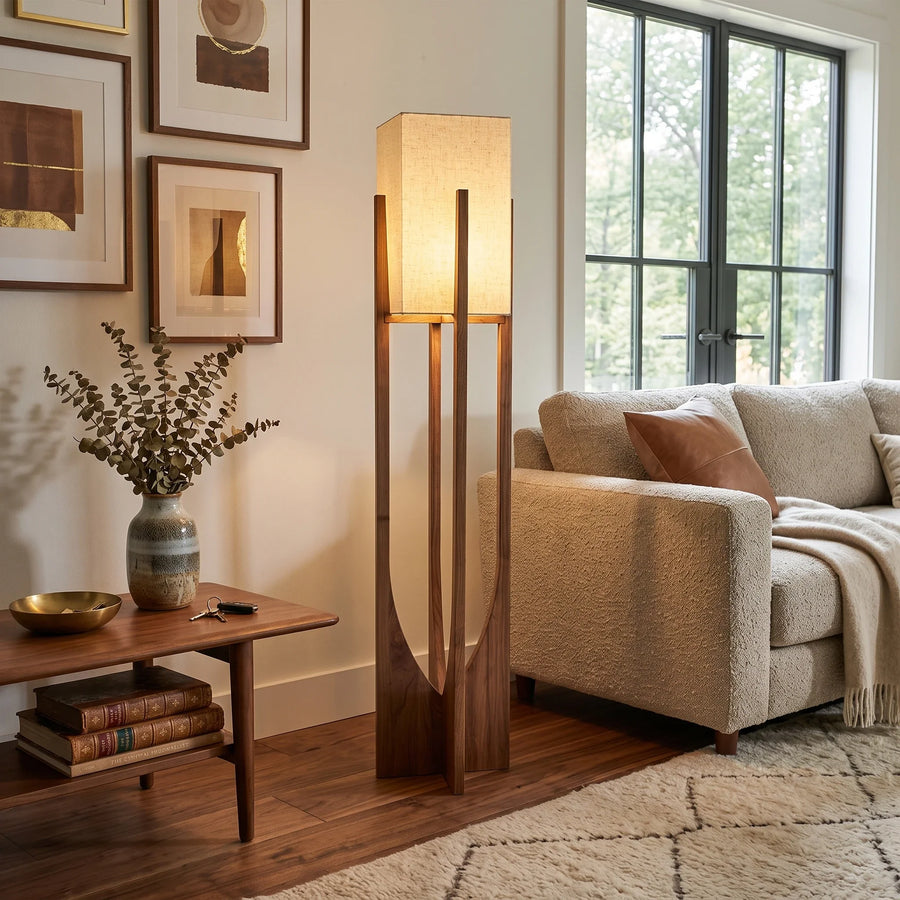 Ash Fabric Floor Lamp in wood for Living Room by AUVIELIGHT