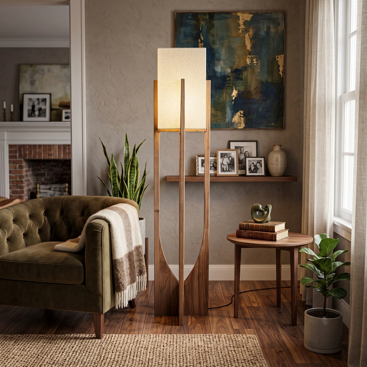 Ash Fabric Floor Lamp in wood for Living Room by AUVIELIGHT
