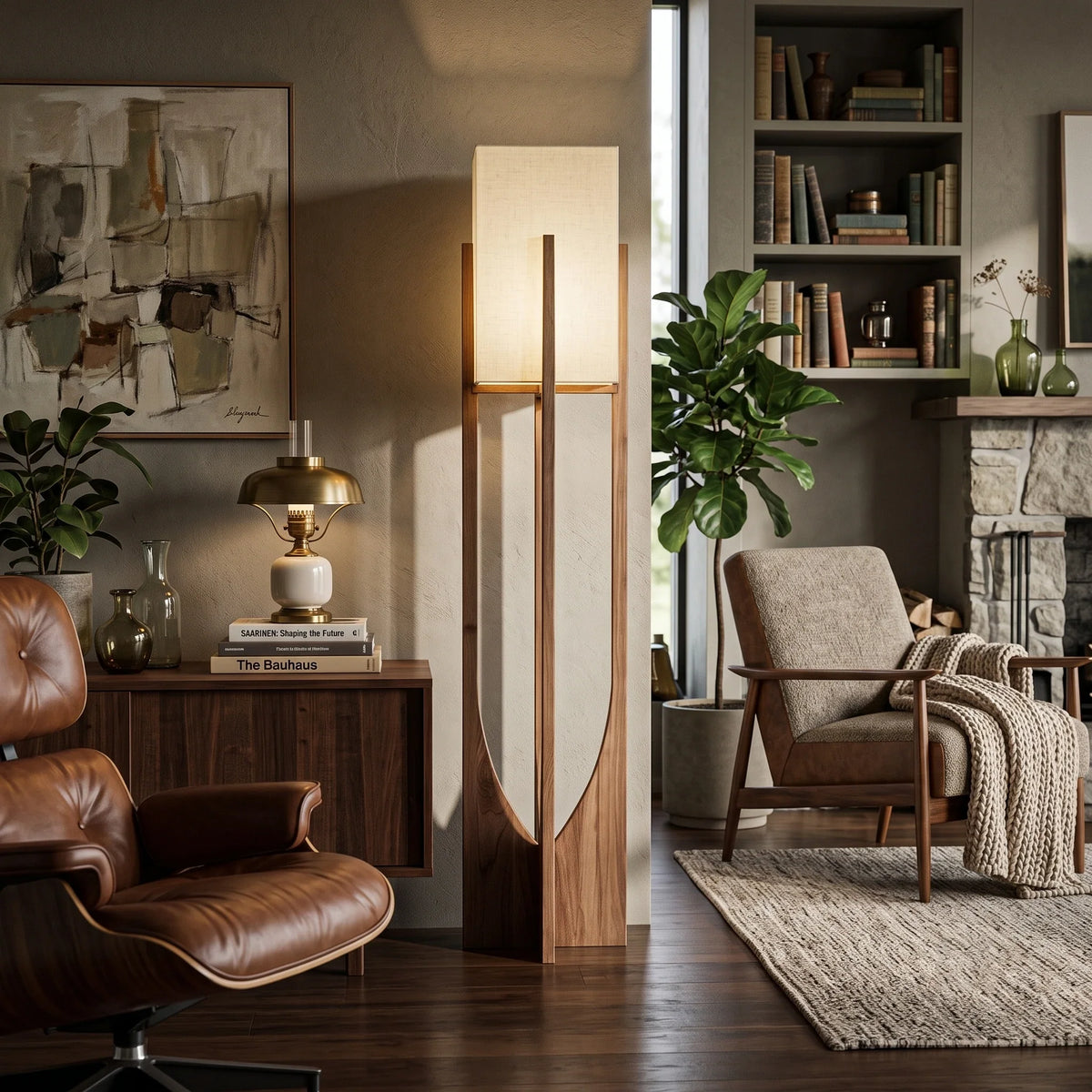 Ash Fabric Floor Lamp in wood for Living Room by AUVIELIGHT