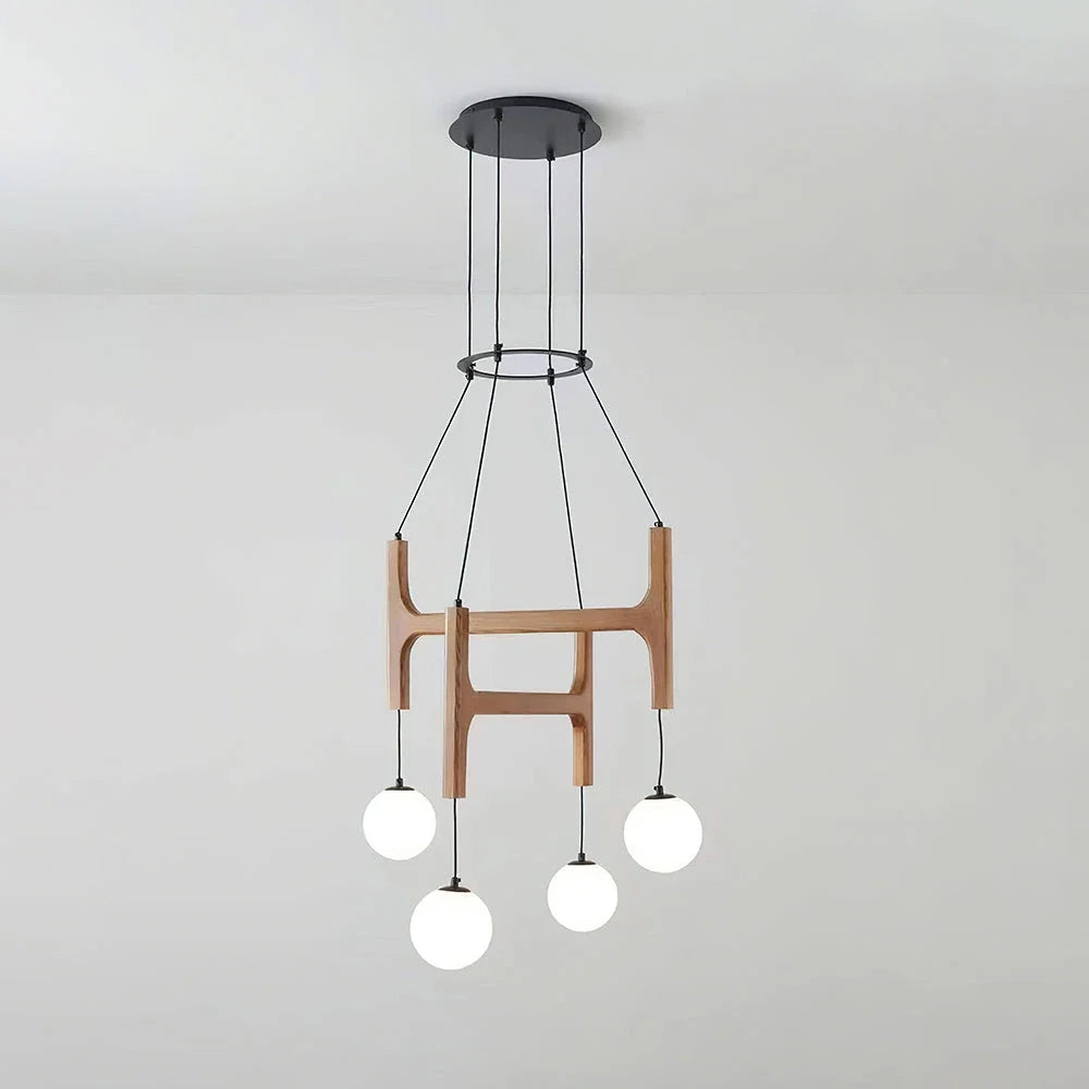 Astra Chandelier in wood for Dining Room by AUVIELIGHT, 4 heads D40cm + D50cm / ∅ 15.7″ + 19.6″ / Wood Color