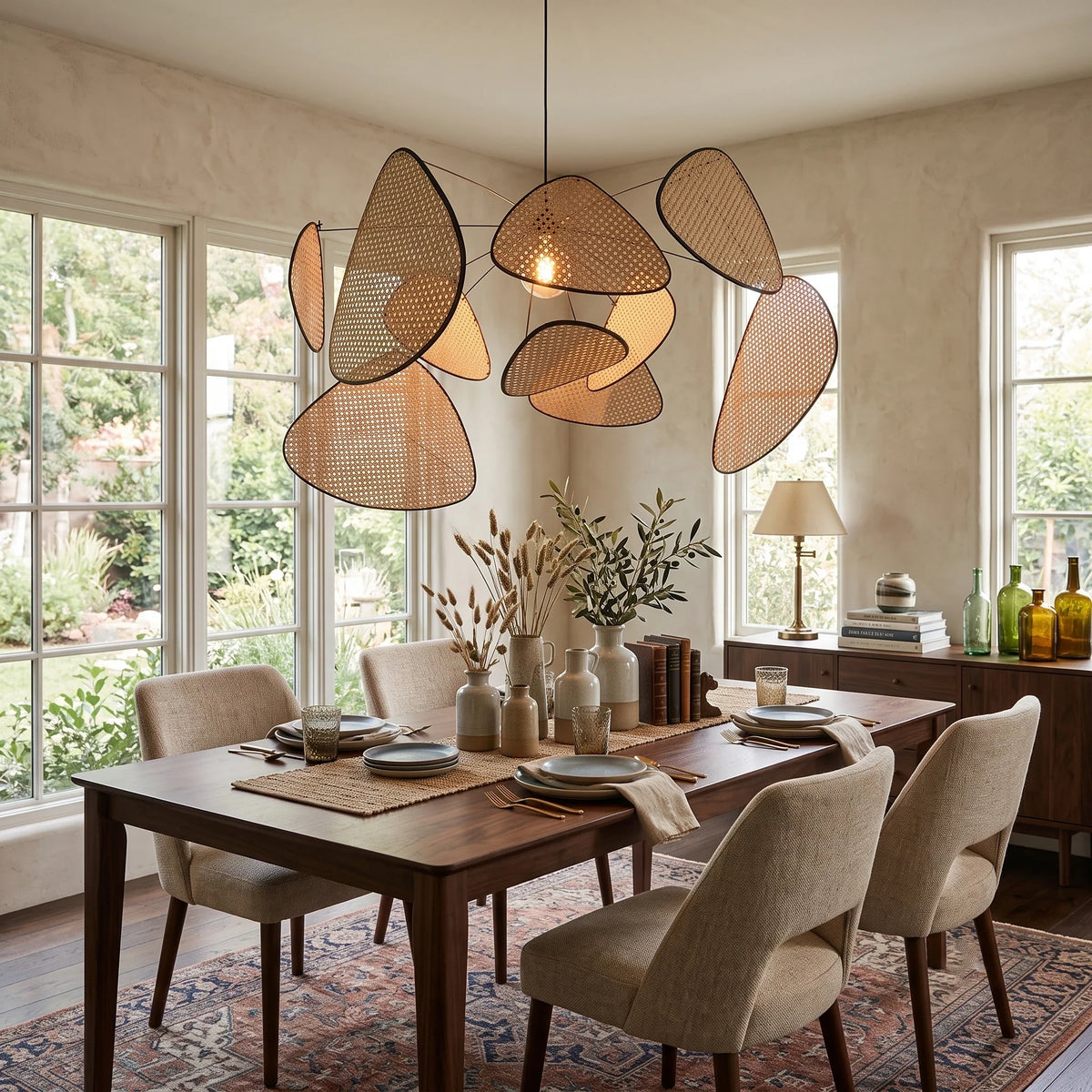 Bamboo Screen Chandelier in rattan for Dining Room by AUVIELIGHT