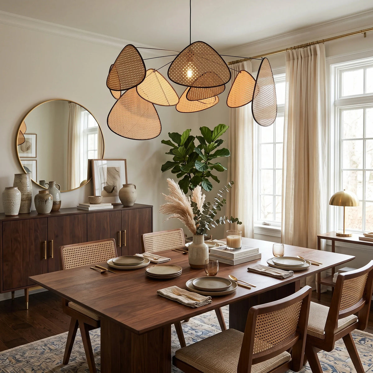 Bamboo Screen Chandelier in rattan for Dining Room by AUVIELIGHT