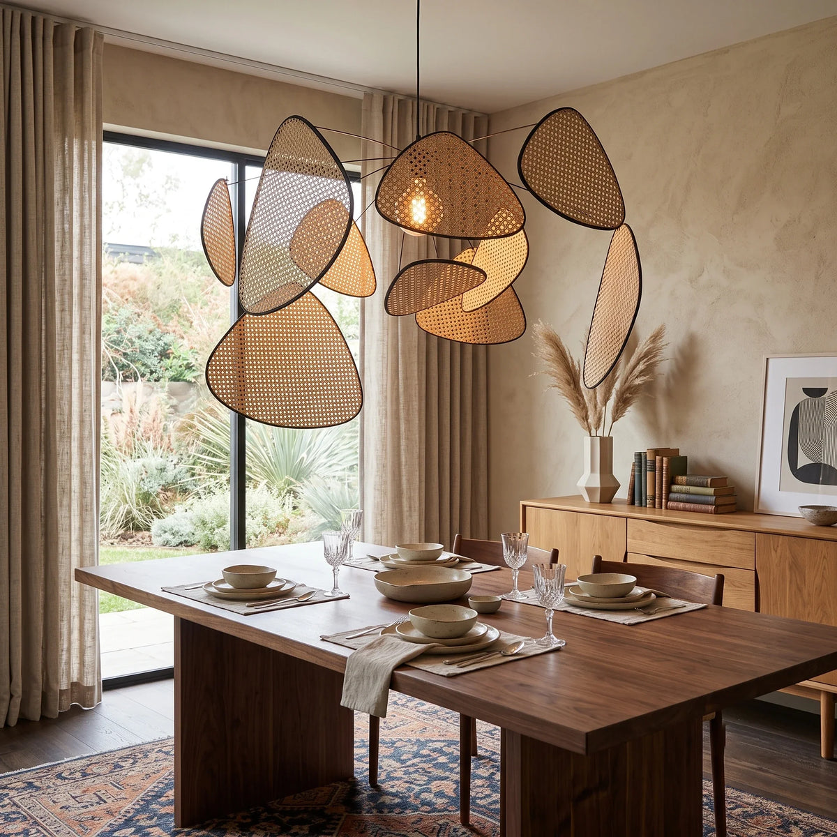 Bamboo Screen Chandelier in rattan for Dining Room by AUVIELIGHT