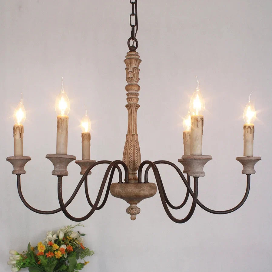 Baroque Distressed Candle Pendant Light for Kitchen Island by AUVIELIGHT, 6 heads D 70cm x H 50cm / ∅ 27.6″ x H 19.7″ / Old wood / Without