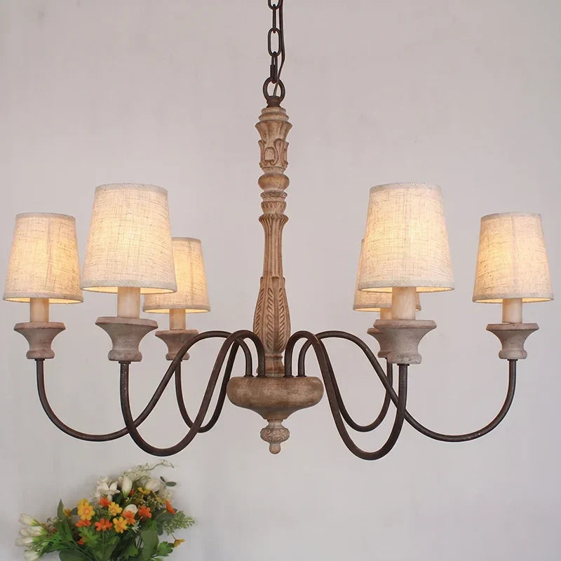Baroque Distressed Candle Pendant Light for Kitchen Island by AUVIELIGHT, 6 heads D 70cm x H 50cm / ∅ 27.6″ x H 19.7″ / Old wood / With lampshade