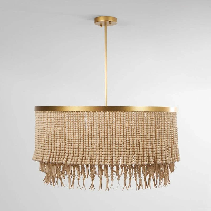 Fringe Beaded Chandelier for Dining Room by AUVIELIGHT, 3 heads D 76cm x H 43cm / ∅ 29.9″ x H 16.9″ / Wood color