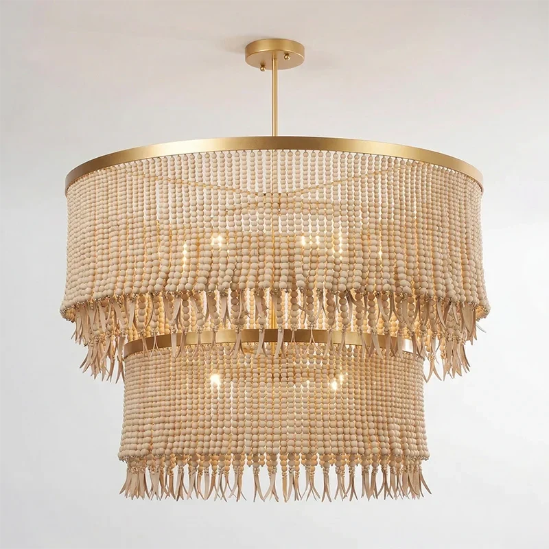 Fringe Beaded Chandelier for Dining Room by AUVIELIGHT, 2-Tier D 80cm + D 60cm / ∅ 31.5″ x H 23.6″ / Wood color