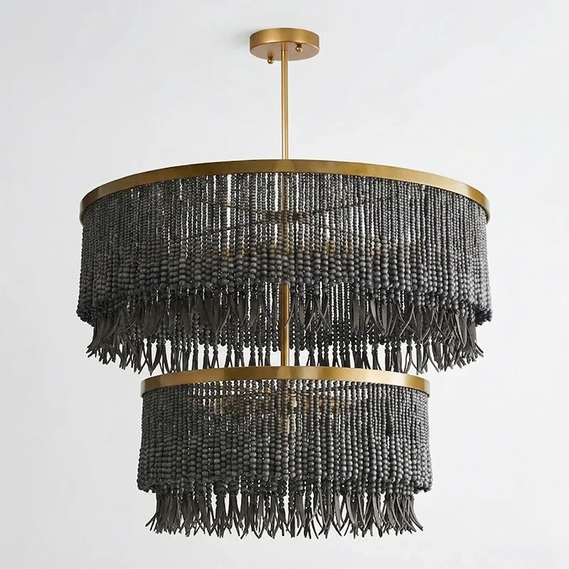 Fringe Beaded Chandelier for Dining Room by AUVIELIGHT, 2-Tier D 80cm + D 60cm / ∅ 31.5″ x H 23.6″ / Black