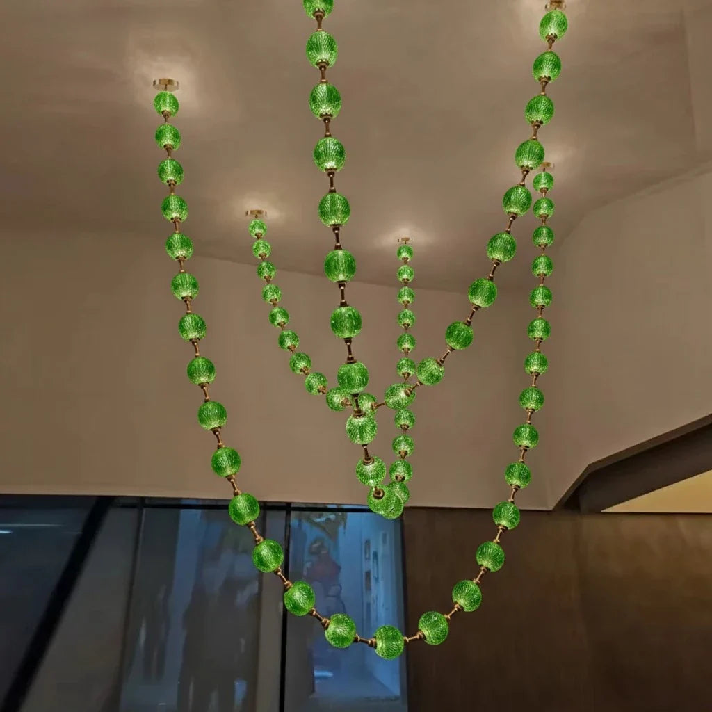 Beaded Strand Chandelier for Dining Room by AUVIELIGHT, 3 STRIPS 73 BALLS (GOLD+SILVER & GREEN GLASS) / Warm Light