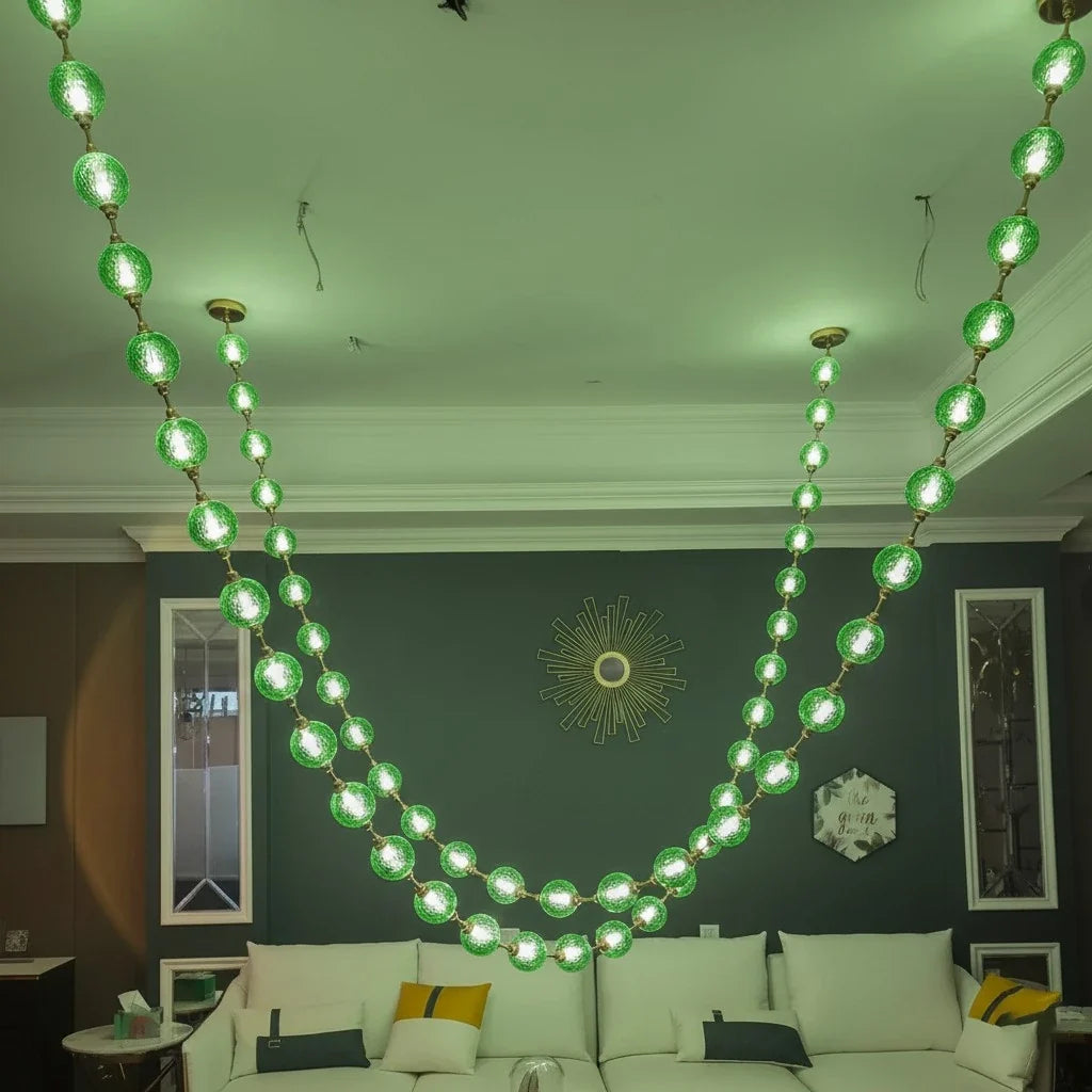 Beaded Strand Chandelier for Dining Room by AUVIELIGHT, 2 STRIPS 58 BALLS (GOLD+SILVER BODY & GREEN GLASS) / Warm Light