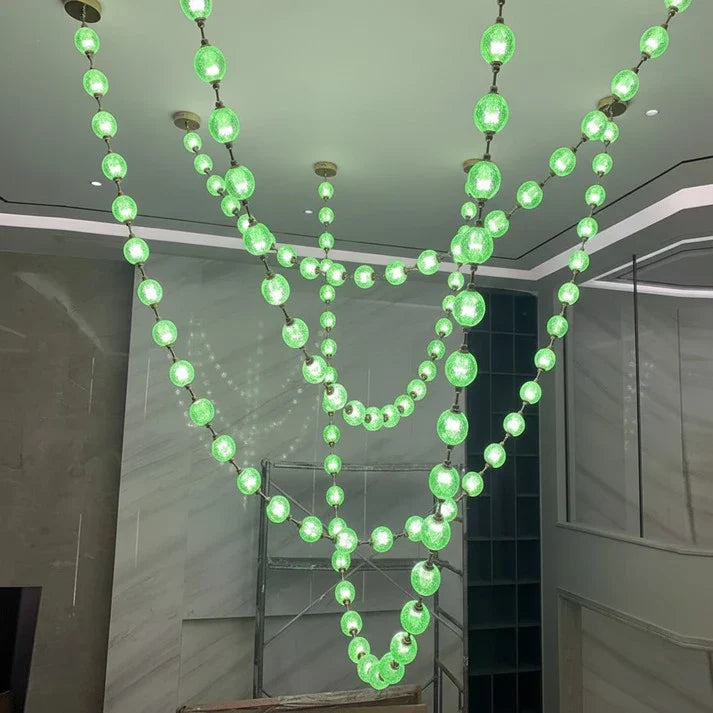 Beaded Strand Chandelier for Dining Room by AUVIELIGHT, 4 STRIPS 120 BALLS (GOLD+SILVER & GREEN GLASS) / Warm Light