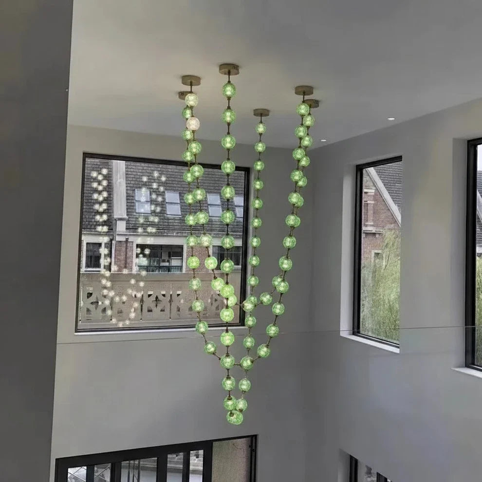 Beaded Strand Chandelier for Dining Room by AUVIELIGHT, 3 STRIPS 100 BALLS (GOLD & GREEN GLASS) / Warm Light
