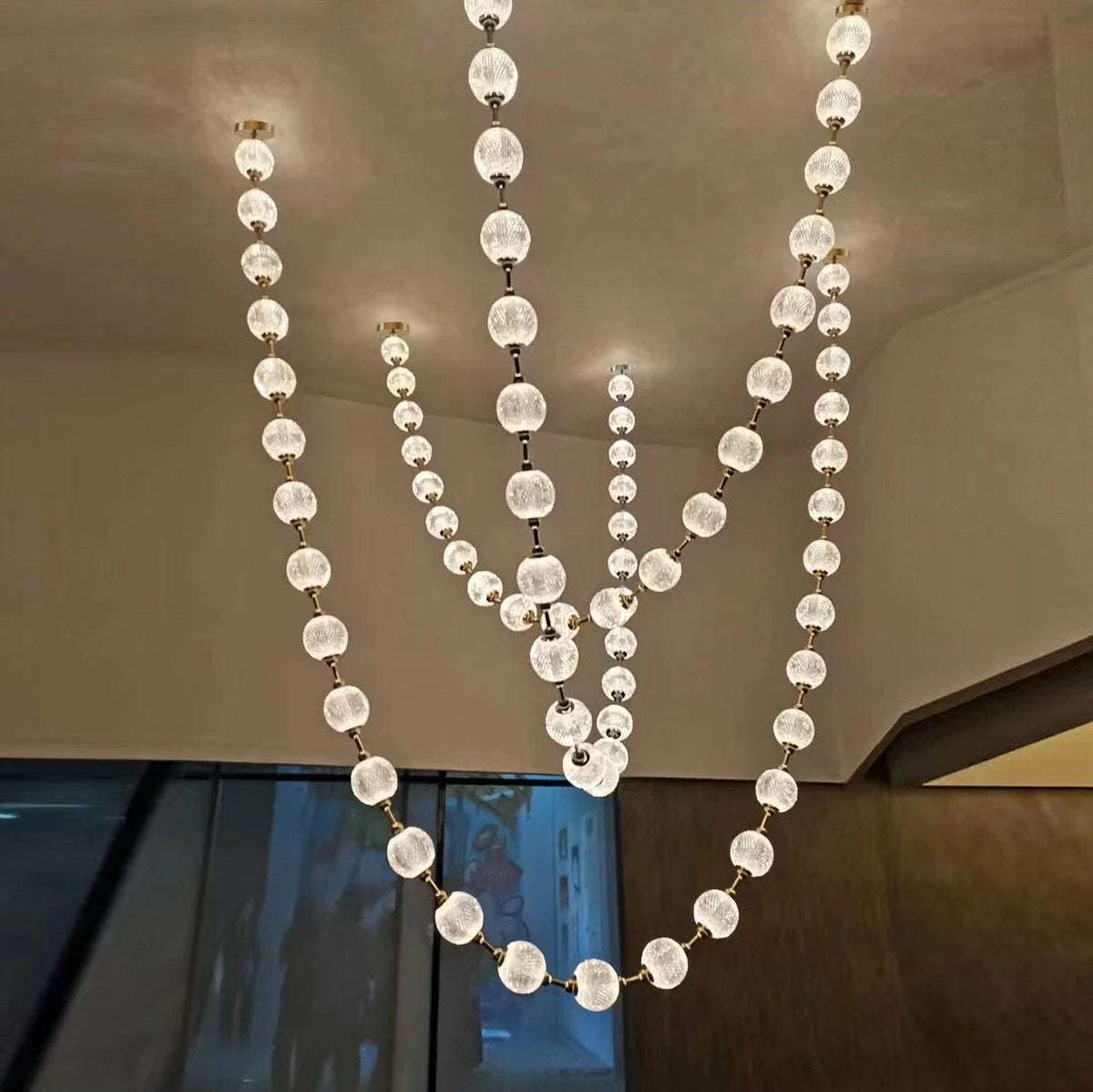 Beaded Strand Chandelier for Dining Room by AUVIELIGHT, 3 STRIPS 73 BALLS (GOLD+SILVER & CLEAR GLASS) / Warm Light