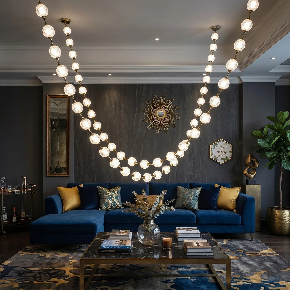 Beaded Strand Chandelier for Dining Room by AUVIELIGHT, 2 STRIPS 58 BALLS (GOLD+SILVER BODY & CLEAR GLASS) / Warm Light
