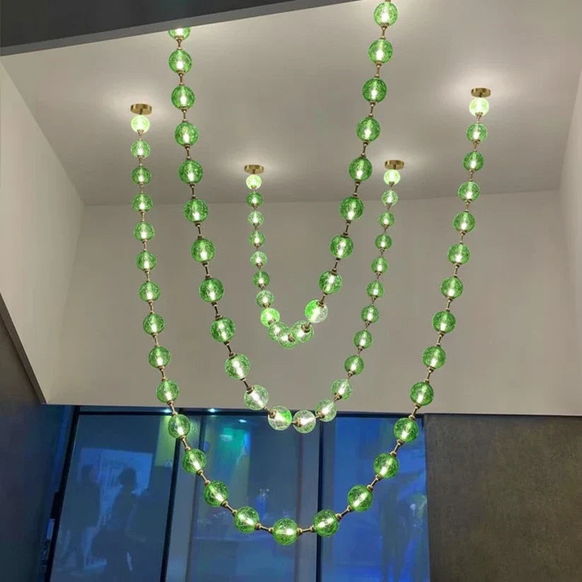 Beaded Strand Chandelier for Dining Room by AUVIELIGHT, 3 STRIPS 96 BALLS (GOLD+SILVER& GREEN GLASS) / Warm Light