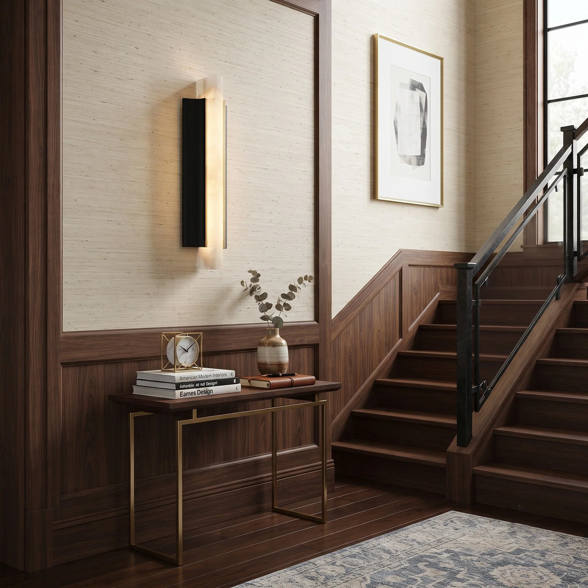 Backplate Linear Wall Sconce in black alabaster for Hallway by AUVIELIGHT