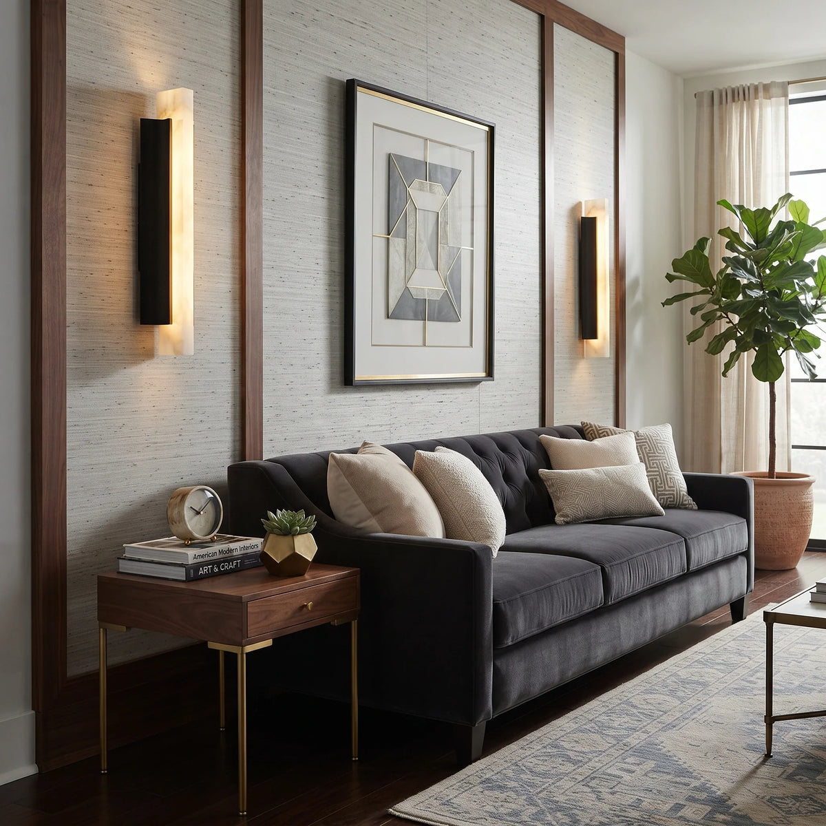 Backplate Linear Wall Sconce in black alabaster for Hallway by AUVIELIGHT