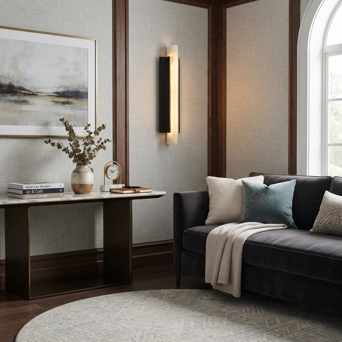 Backplate Linear Wall Sconce in black alabaster for Hallway by AUVIELIGHT