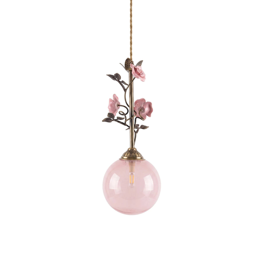 Sphere Pendant Light in rattan for Kitchen Island by AUVIELIGHT, D 15cm x H 38cm / ∅ 5.9" x H 15" / Antique brass & Pink
