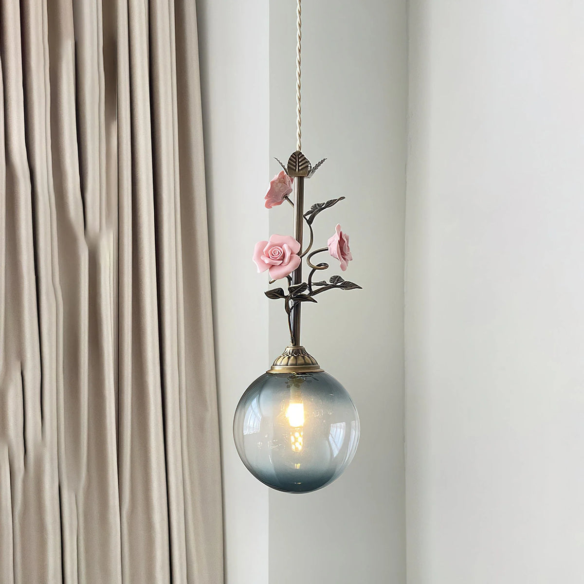 Sphere Pendant Light in rattan for Kitchen Island by AUVIELIGHT, D 15cm x H 38cm / ∅ 5.9" x H 15" / Antique brass & Blue
