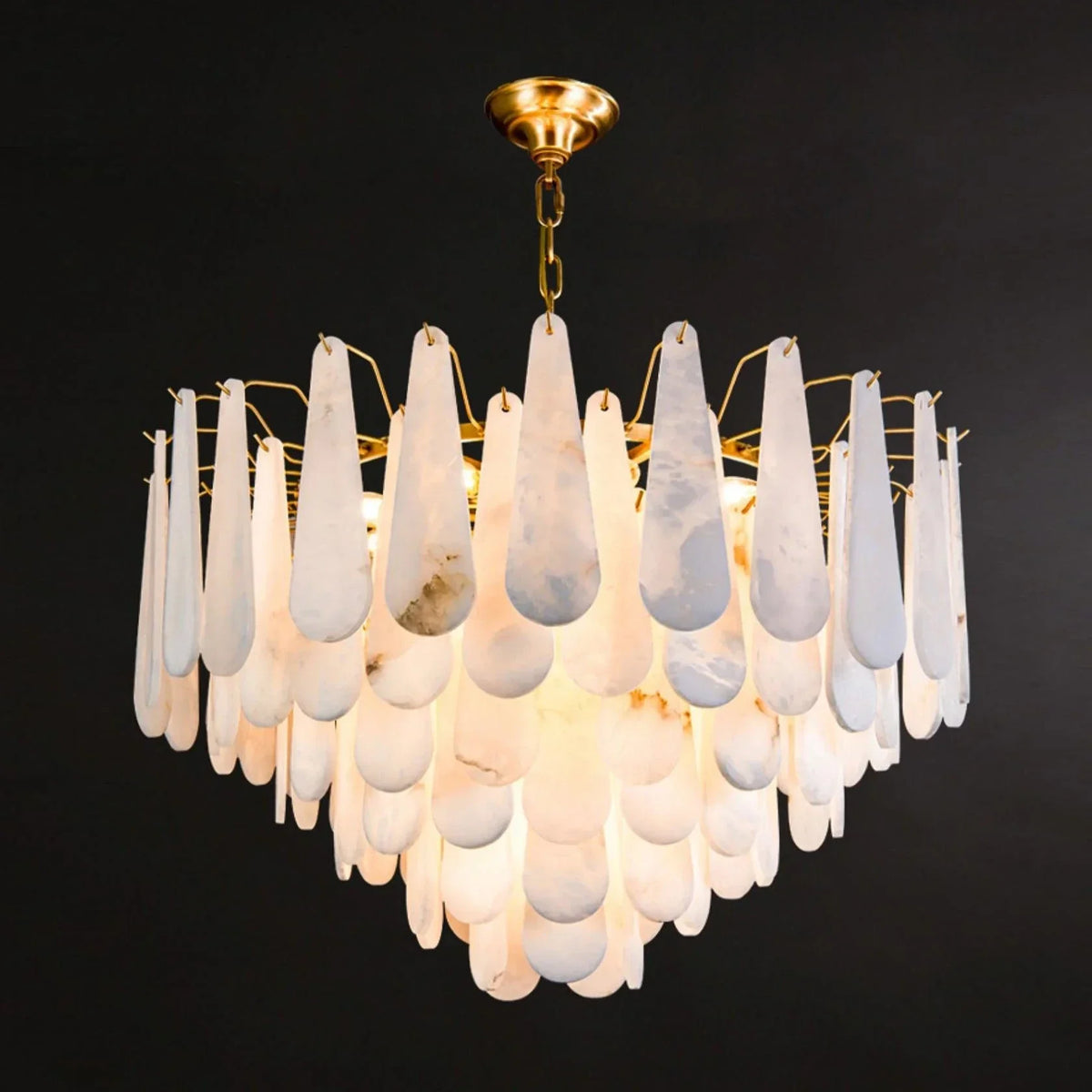 Teardrop Chandelier in alabaster for Dining Room by AUVIELIGHT, ∅ 31.5"x H 21.7"/ Dia 80cm x H 55cm / Brass+White