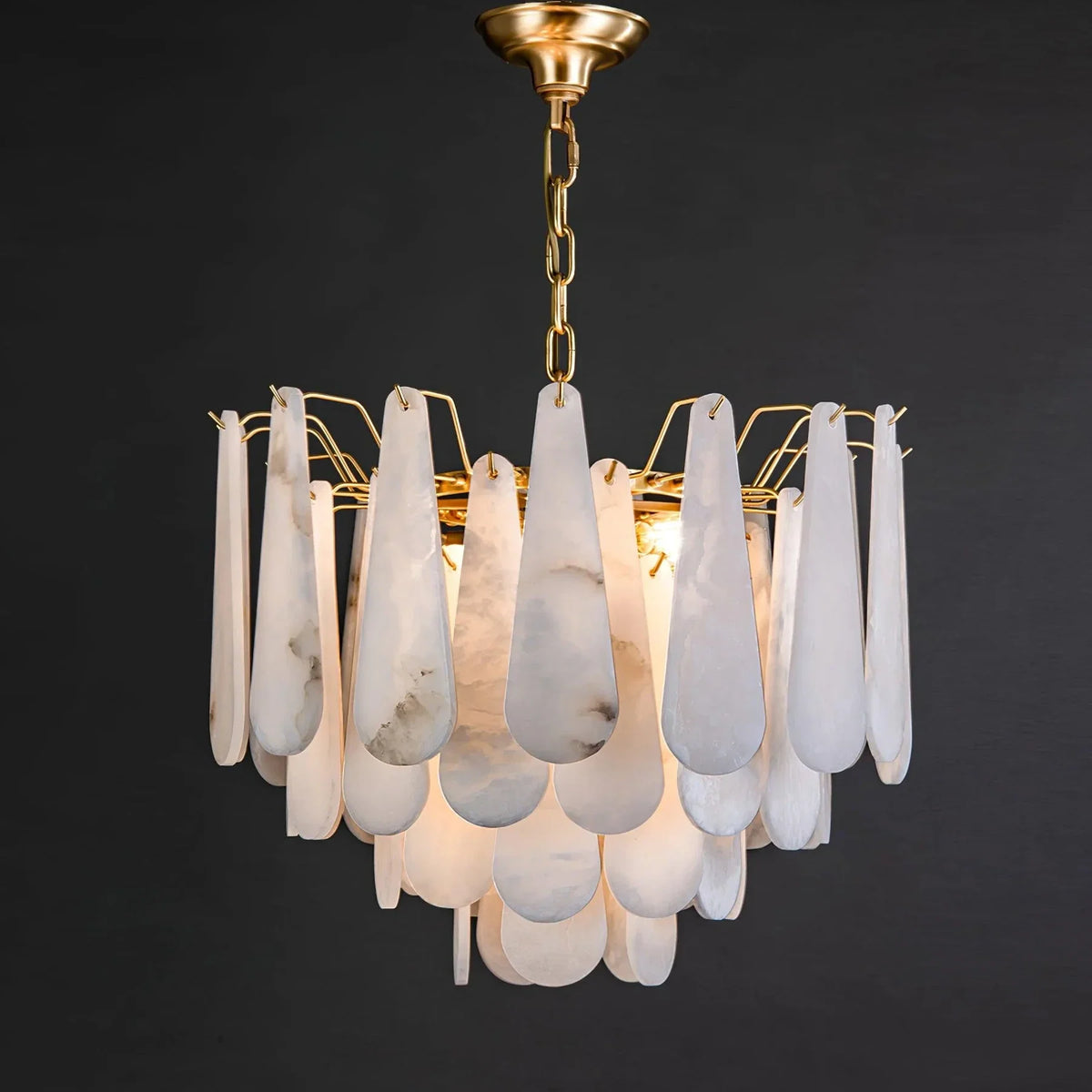 Teardrop Chandelier in alabaster for Dining Room by AUVIELIGHT, ∅ 21.7" x H 17.7"/ Dia 55cm x H 45cm / Brass+White