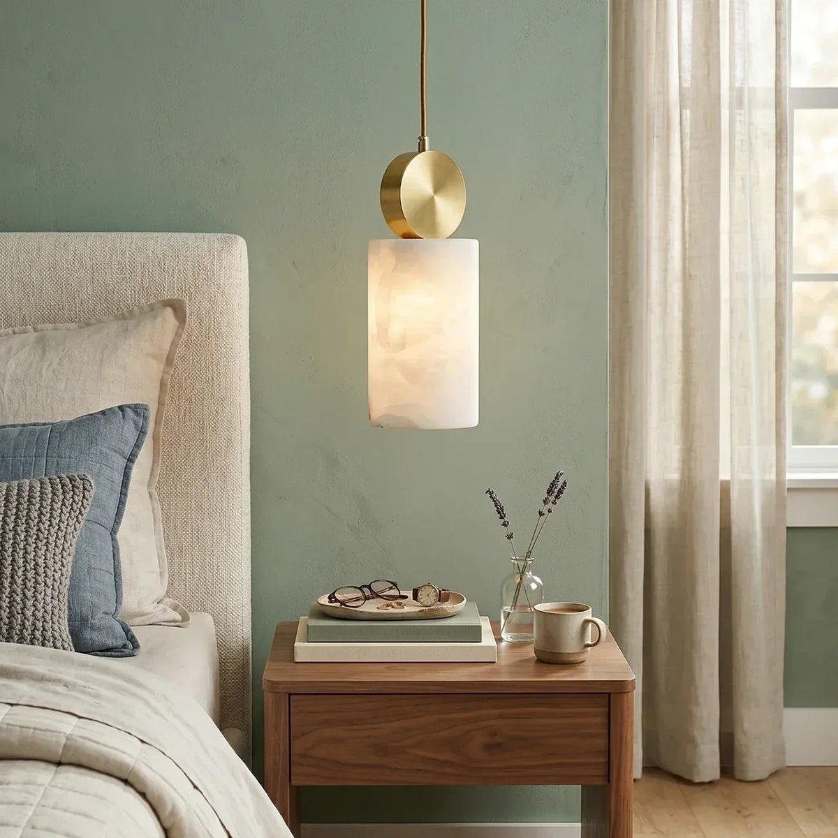 Cylinder Disc Pendant Light in alabaster for Kitchen Island by AUVIELIGHT