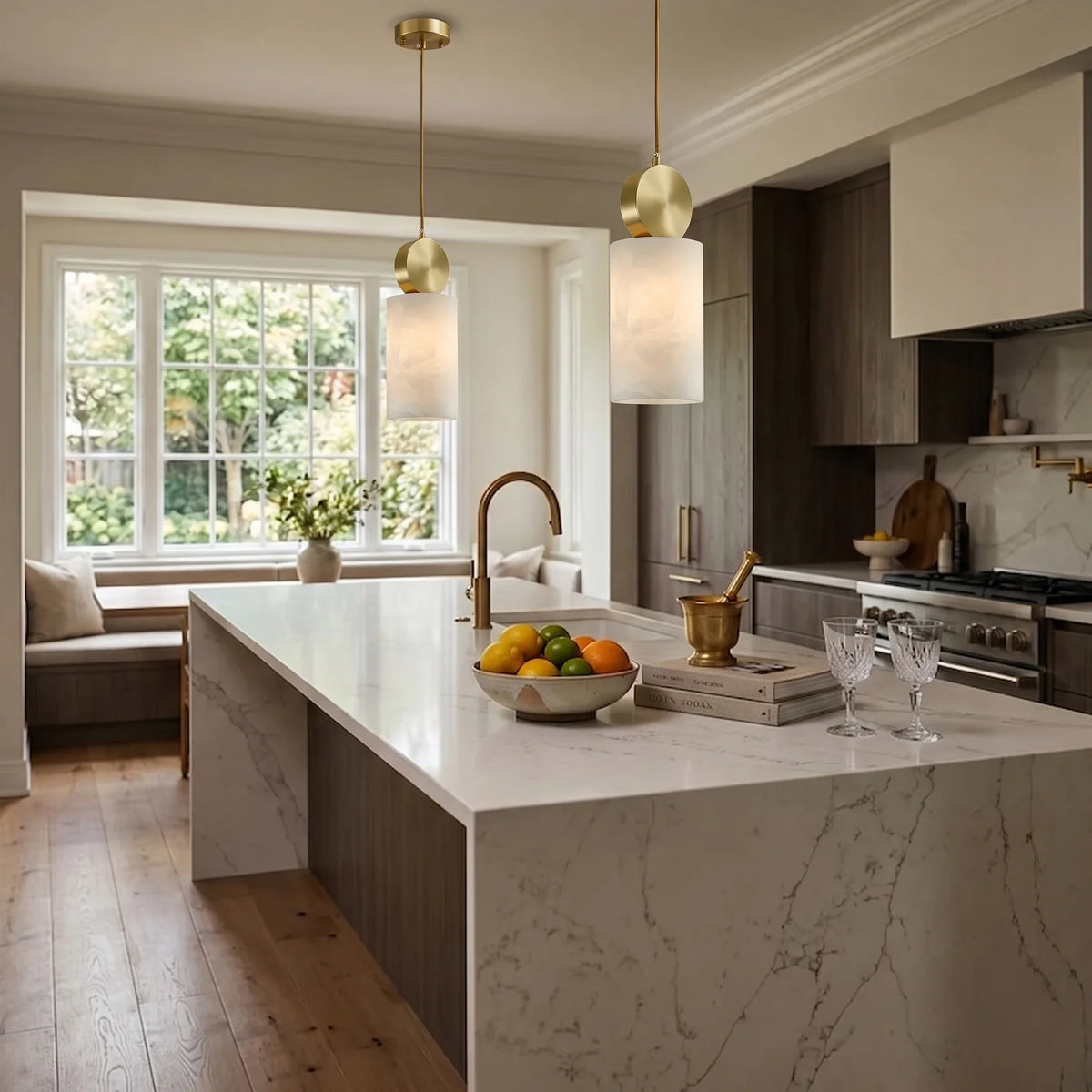 Cylinder Disc Pendant Light in alabaster for Kitchen Island by AUVIELIGHT