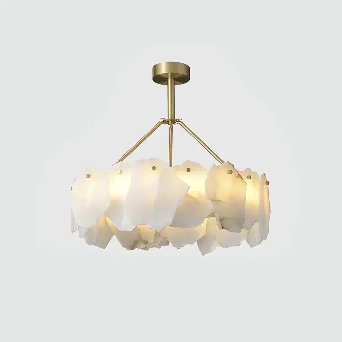 Drum Chandelier in alabaster for Dining Room by AUVIELIGHT, Dia 65cm x H 60cm / ∅ 25.6″ x H 23.6″ / White Marble & Gold / Warm Light